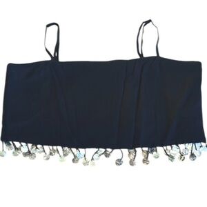 Jason Wu Linen blend Beaded Fringe Shell Crop Top Black Size 10 NWT Fun Lined